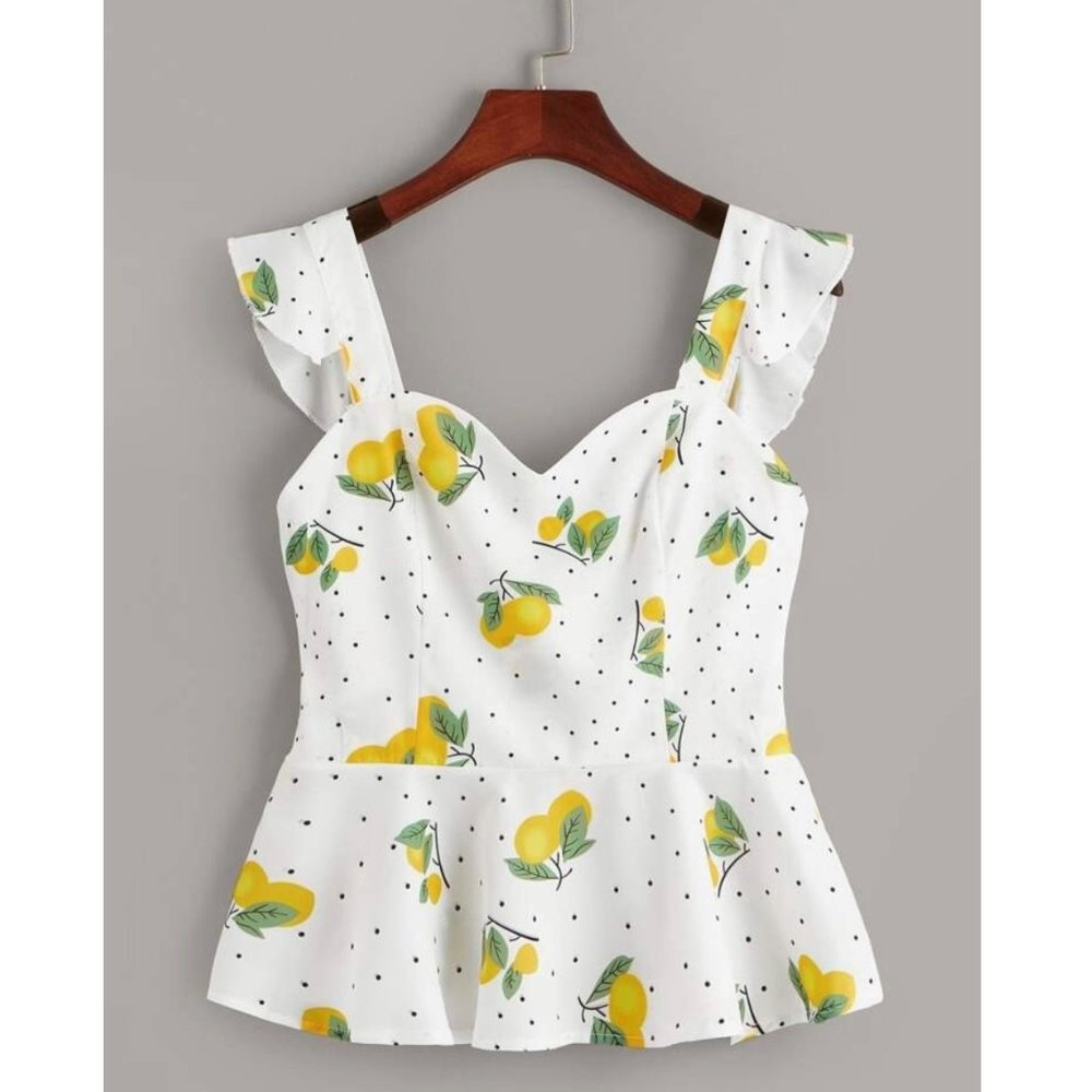 Polka Dot & Lemon Print Ruffle Hem Top